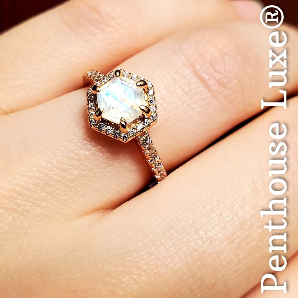NATURAL Moonstone White Topaz Halo Rose Gold 925 Ring